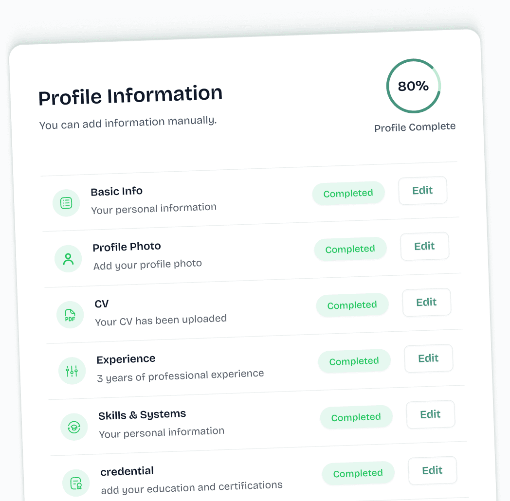 A candidate profile in JobPick, 80% complete, with each section marked done.